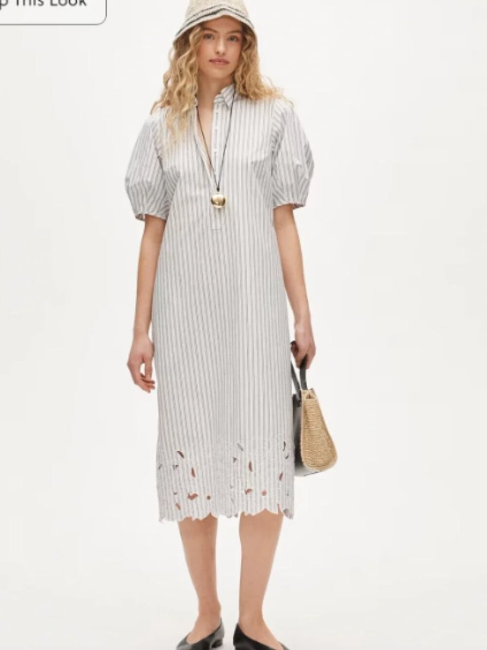 J. Crew Embroidered Shirt Dress in Striped Cotton Poplin Eyelet Puff Sleeve